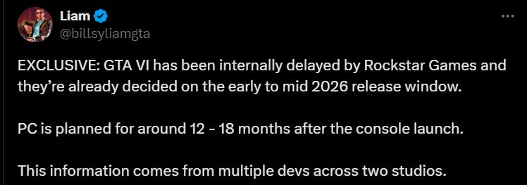 GTA6或延期至2026年 PC版或更晚推出